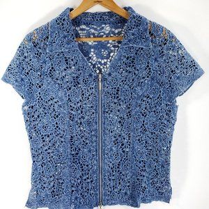 Variations Short Sleeve Lace Top Women's Small Full Front Zip Blue